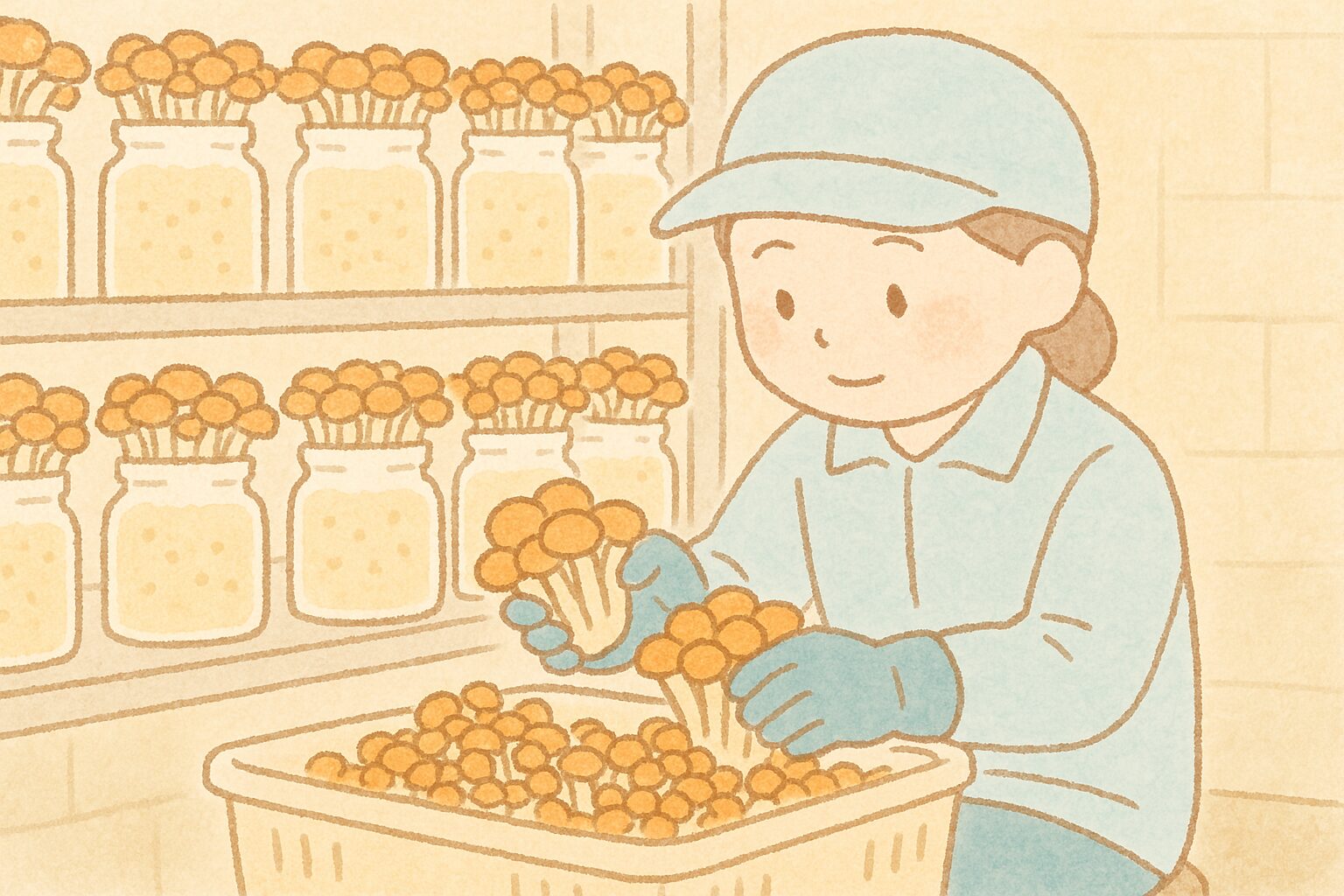 なめこの収穫作業をする女性