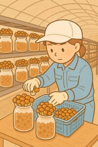 なめこ収穫中の女性